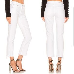 GRLFRND Tatum Button Fly Mid Rise Raw Hem White Denim Ankle Jeans- Size 26